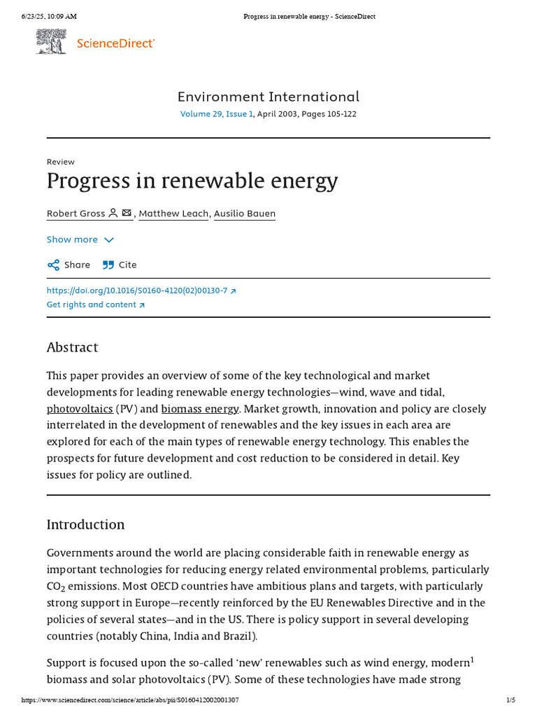 Progress in Renewable Energy - ScienceDirect | PDF | Renewable Energy ...