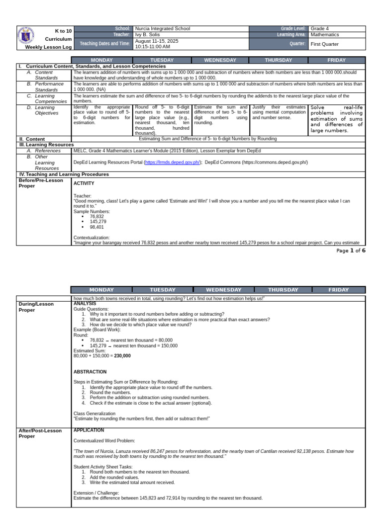 Grade 4 Math Weekly Lesson Plan | PDF | Learning | Curriculum