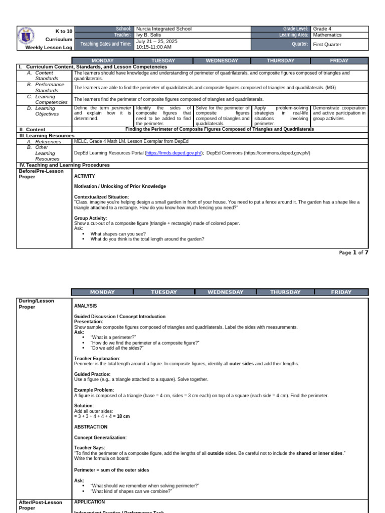 Grade 4 Math: Perimeter Lesson Plan | PDF | Length | Shape