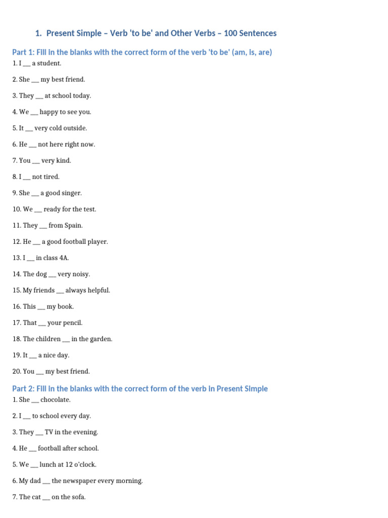 Present Simple Verb Exercises: 100 Sentences | PDF | Chess | Chess Theory