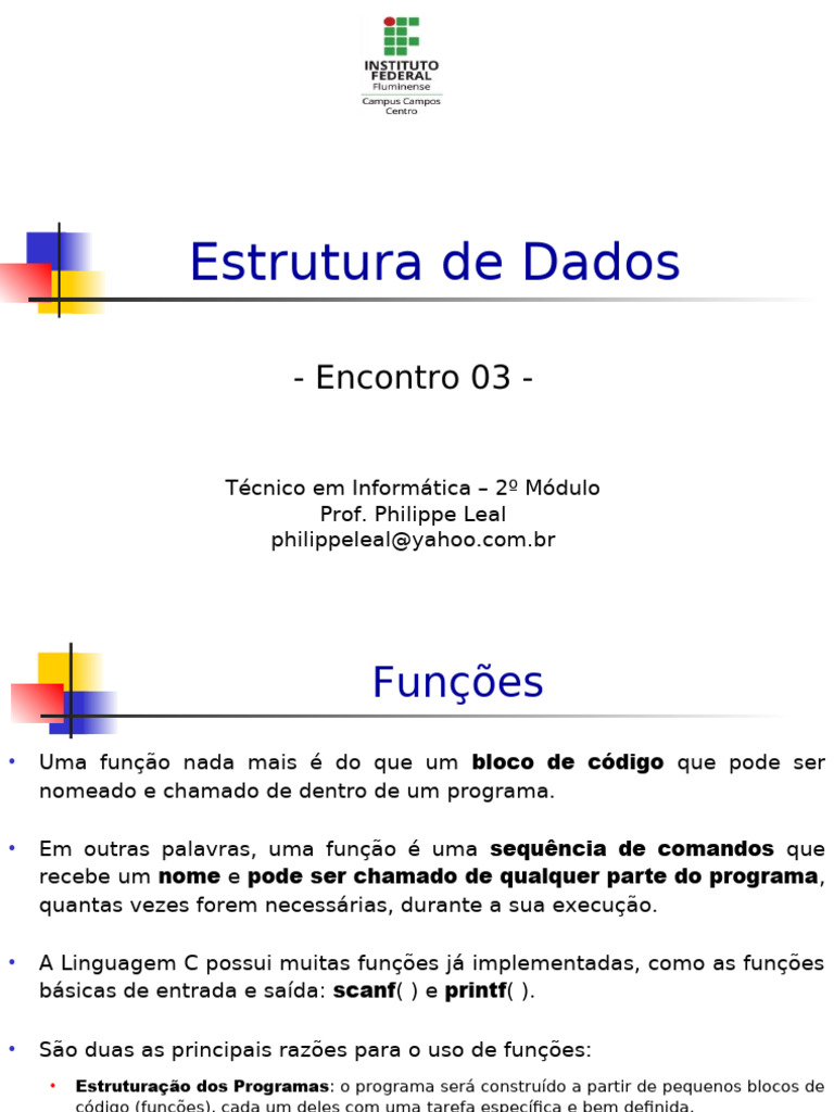 Funções em Linguagem C: Estrutura e Uso | PDF | Tipo de dados ...