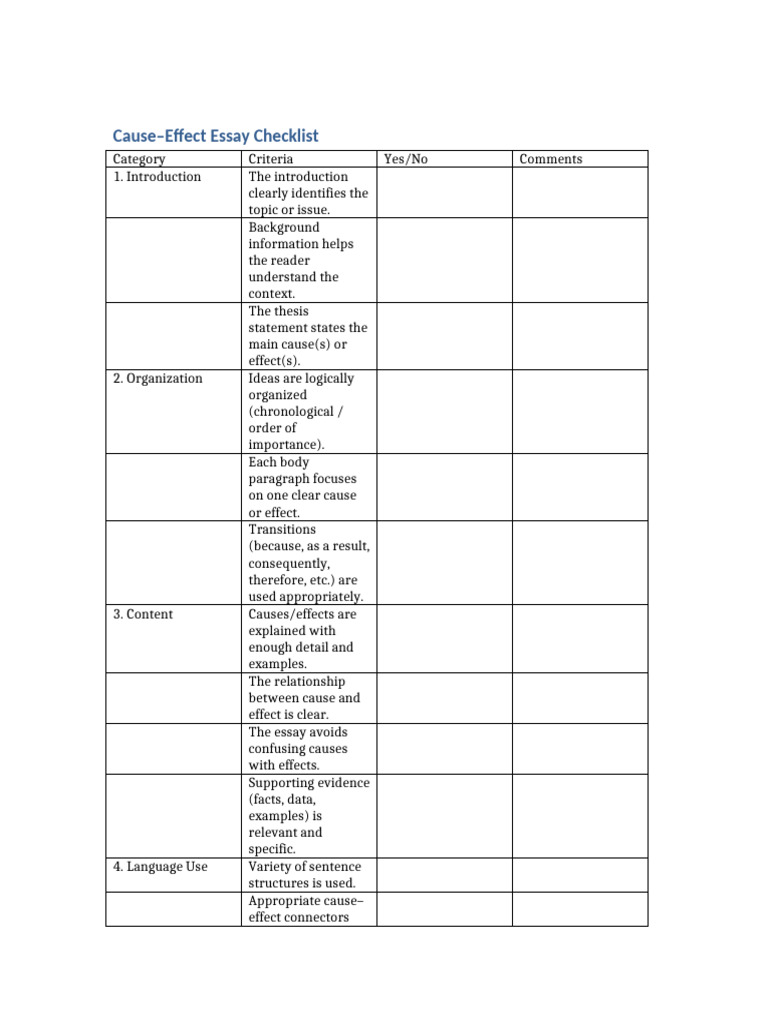 Cause-Effect Essay Writing Checklist | PDF