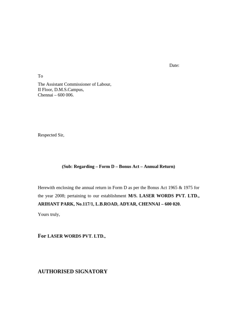 Annual Return Form D - Bonus Act 2008 | PDF