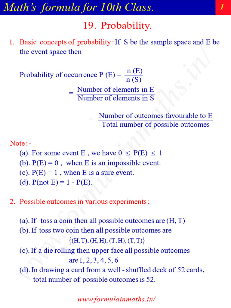10th Class Probability Formulas Guide | PDF