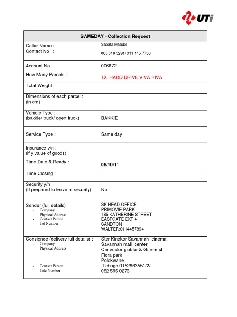 Same Day Collection Request Form | PDF