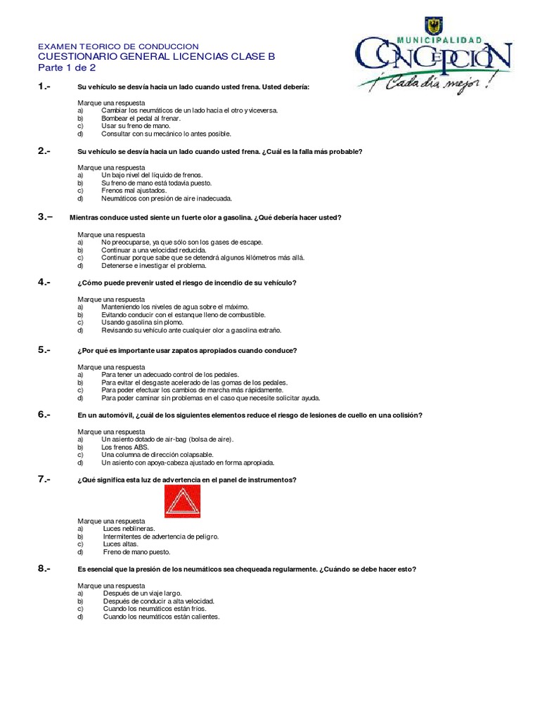 cuestionario examen teorico licencias clase c.