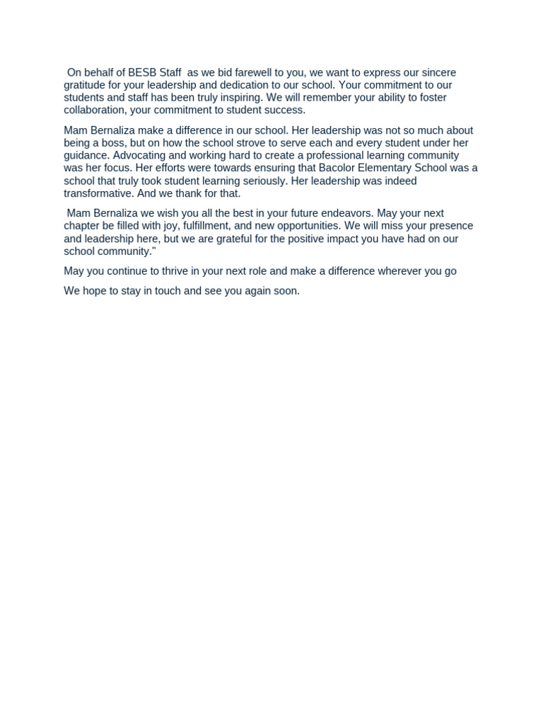 On Behalf of BESB Staff As We Bid Farewell To You - Docx Send OFF ...