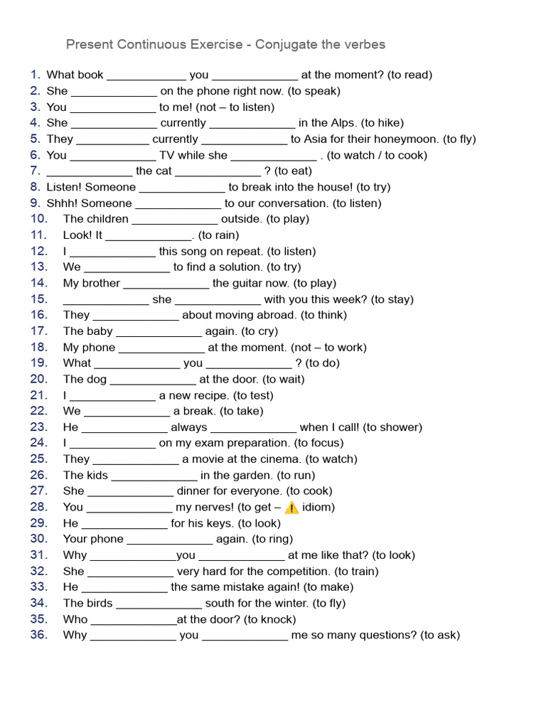 Present Continuous Verb Conjugation Exercise | PDF