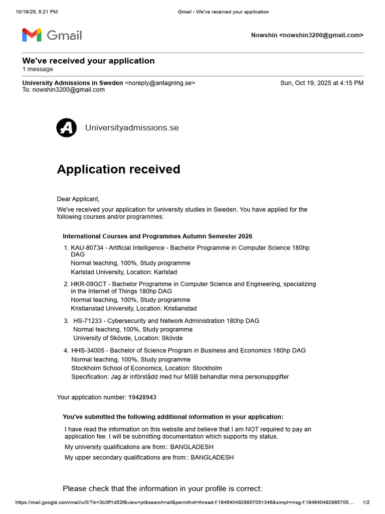University Application Confirmation Sweden | PDF