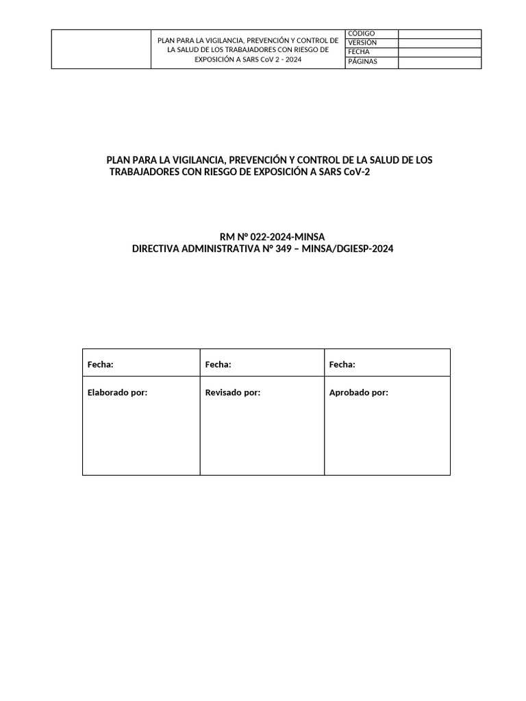 Plan de Prevencion y Control Sars Cov 2 2024 | PDF | Seguridad y salud ...