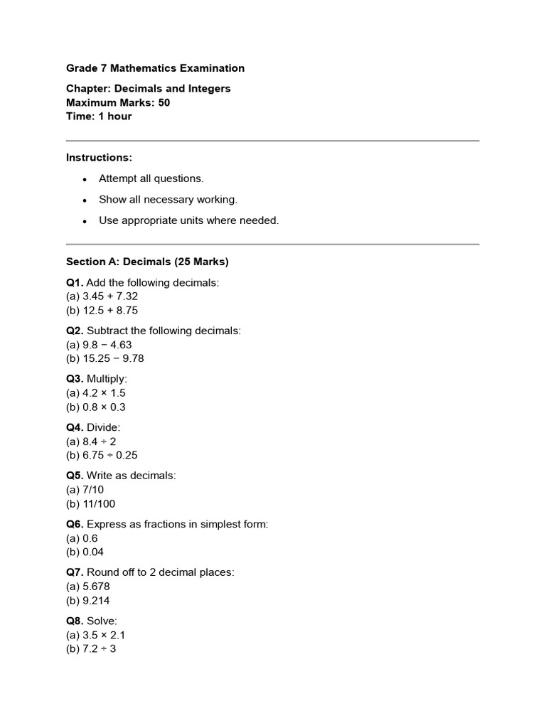 Grade 7 Math Exam: Decimals & Integers | PDF