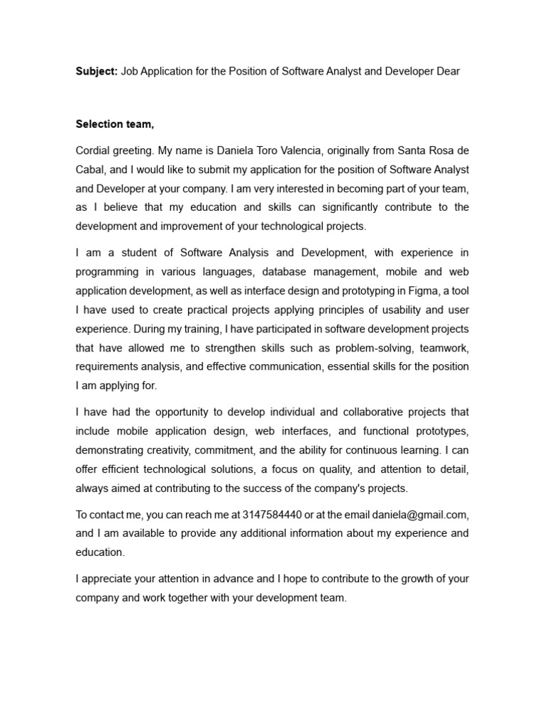 Software Analyst & Developer Application | PDF