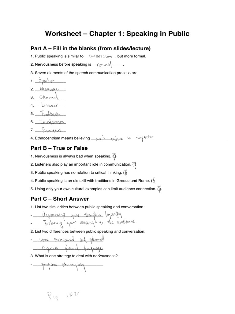 Public Speaking Worksheet: Chapter 1 | PDF