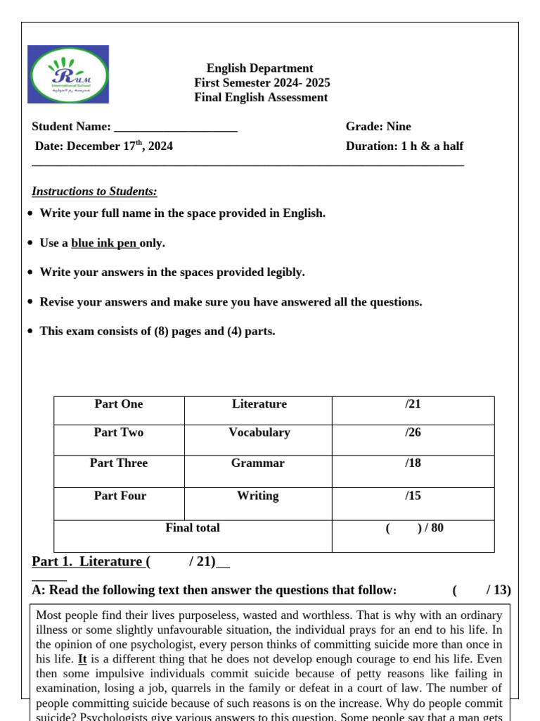 Final English Assessment for Grade Nine | PDF