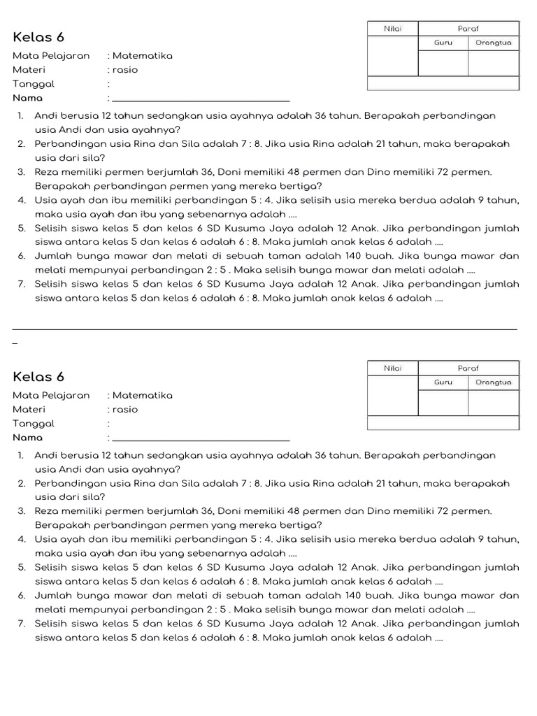 Soal Ulangan Matematika Kelas 6: Rasio | PDF