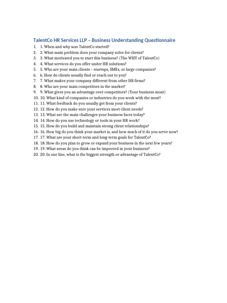 TalentCo HR Questionnaire | PDF