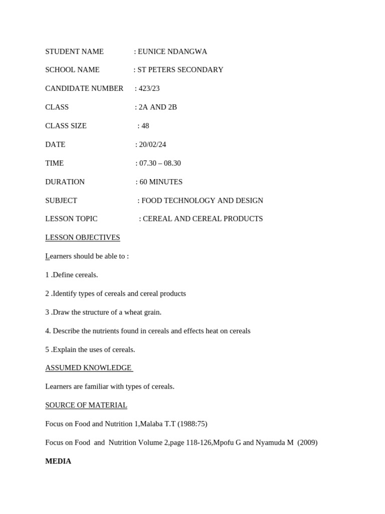 Food Technology: Cereal Products Lesson | PDF | Cereals | Learning