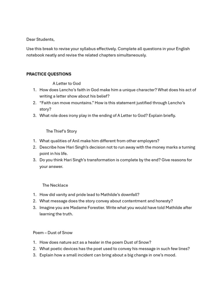 English Revision Practice Questions | PDF