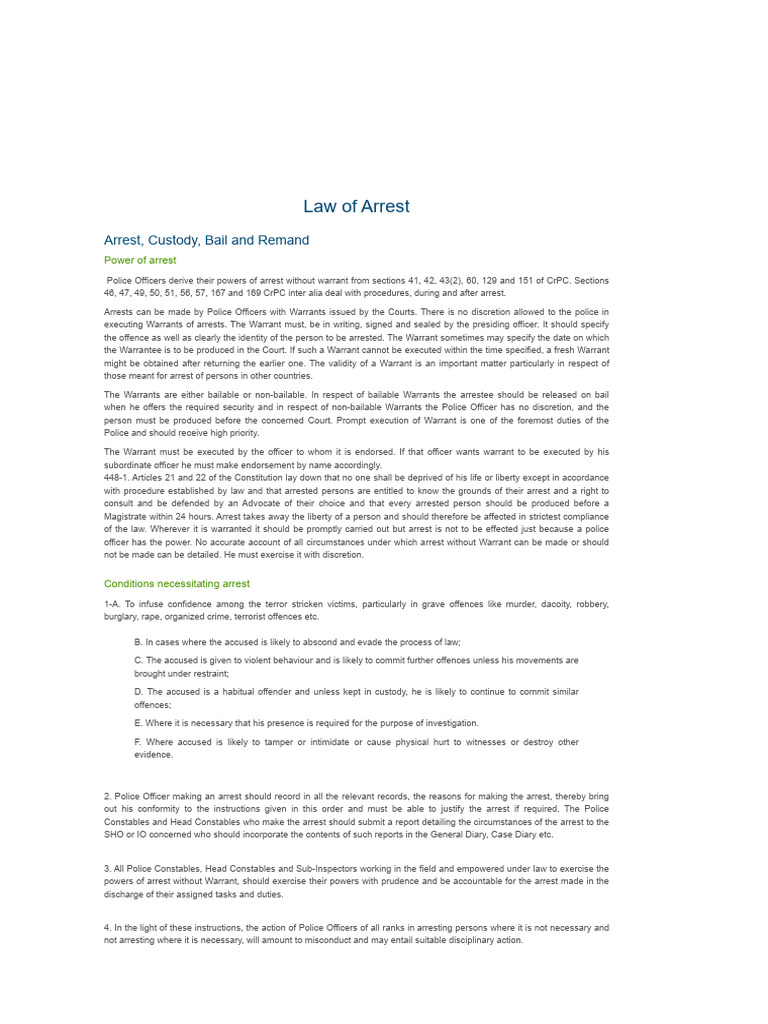 Law of Arrest: Powers and Procedures | PDF | Arrest | Arrest Warrant