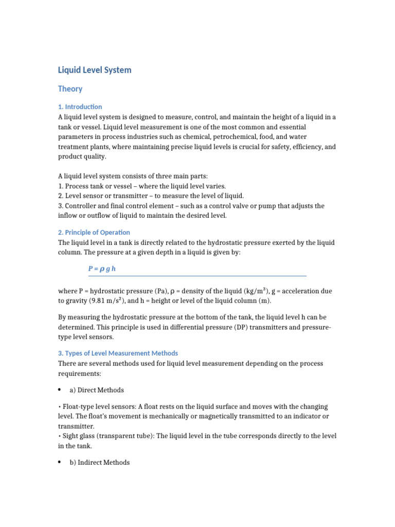 Liquid Level Measurement and Control Systems | PDF | Pressure | Control ...