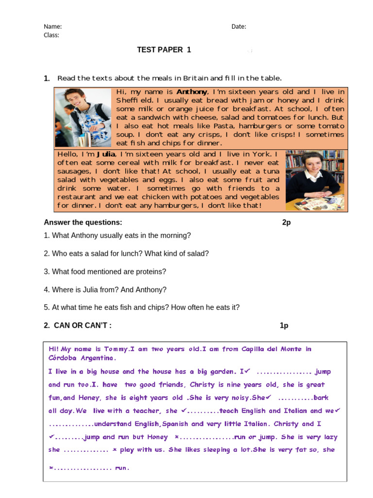 Meals in Britain: Student Questionnaire | PDF