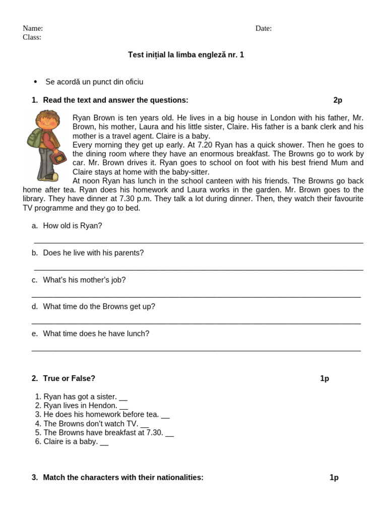 Test - Initial - Engleza 6 NR 1 | PDF | Meal | Eating Behaviors Of Humans