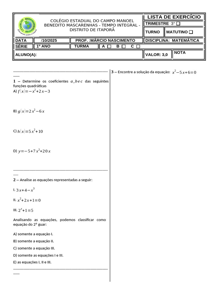 Atividade Funcao Quadratica 1 Ano Vesp | PDF