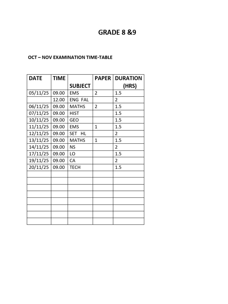 Grade 8 & 9 Exam Timetable 2025 | PDF
