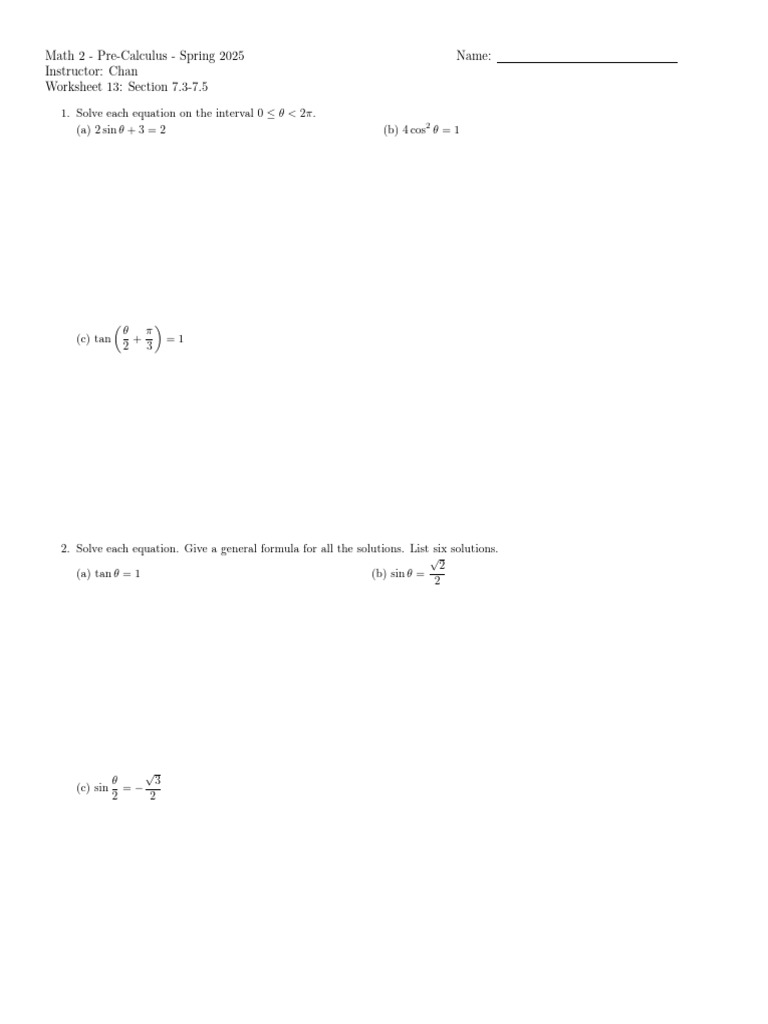 Pre-Calculus Worksheet 13 Solutions | PDF