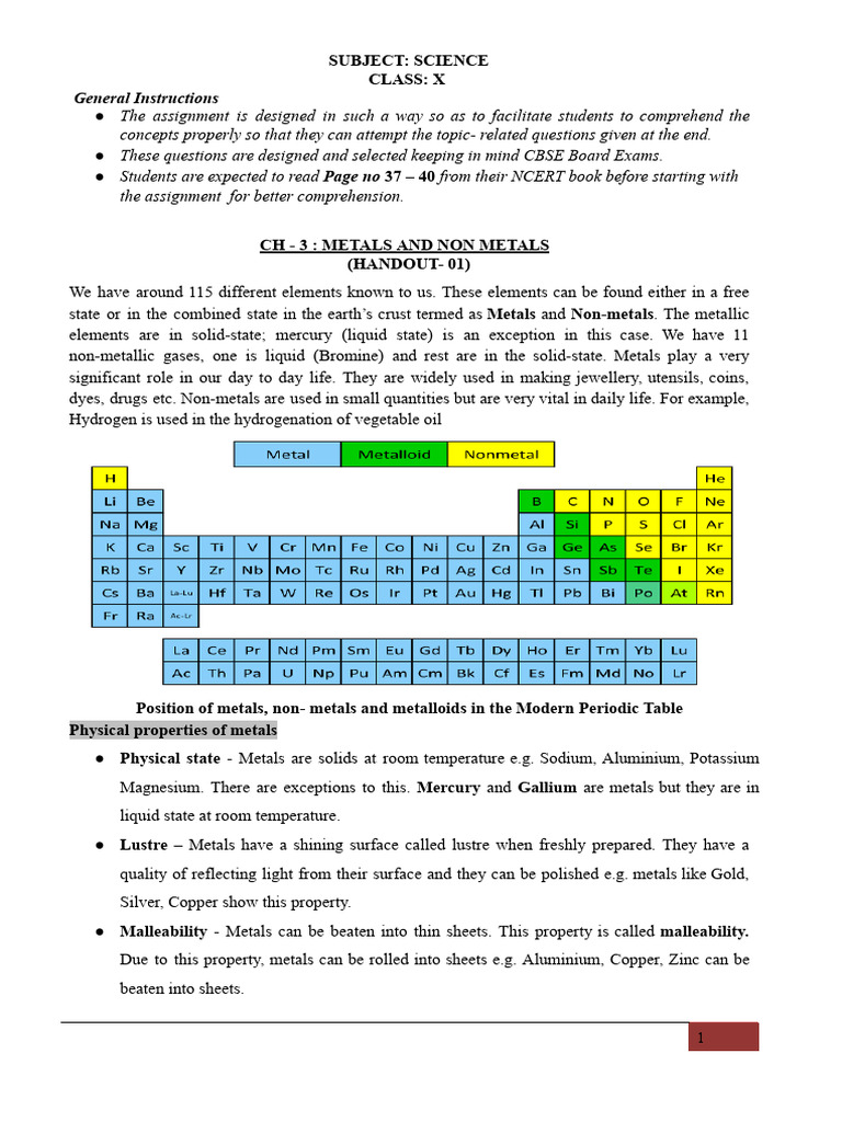 10 SC HO-3.1 Ch-3 Metals and Non-Metals | PDF | Metals | Iron