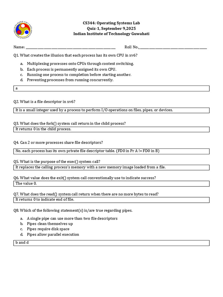 CS344 xv6 Operating Systems Quiz 1 | PDF | Process (Computing ...