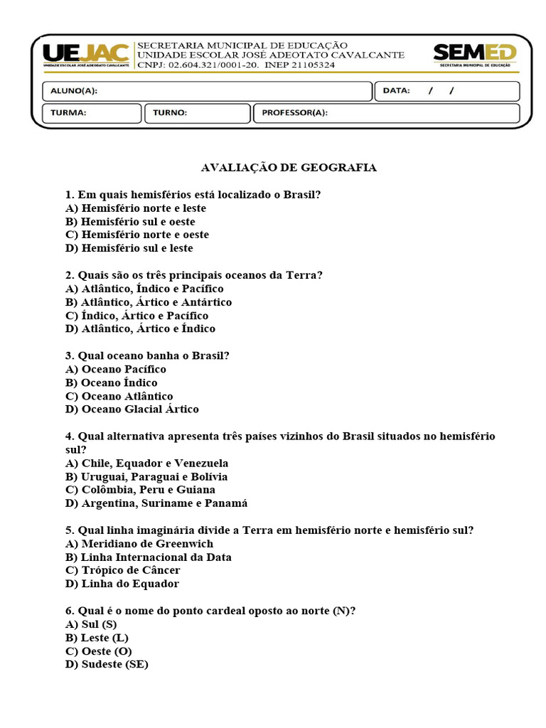 Questões de Geografia sobre o Brasil | PDF | Oceano Atlântico | Terreno