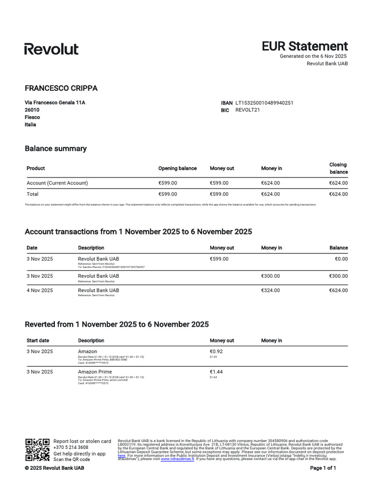 Revolut Bank EUR Statement Summary | PDF | Banks | Private Sector