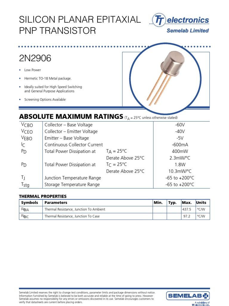 Silicon Planar Epitaxial PNP Transistor: Absolute Maximum Ratings | PDF ...