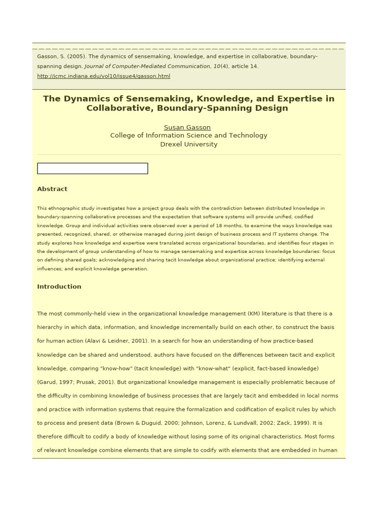 The Dynamics of Sensemaking, Knowledge, and Expertise in Collaborative ...