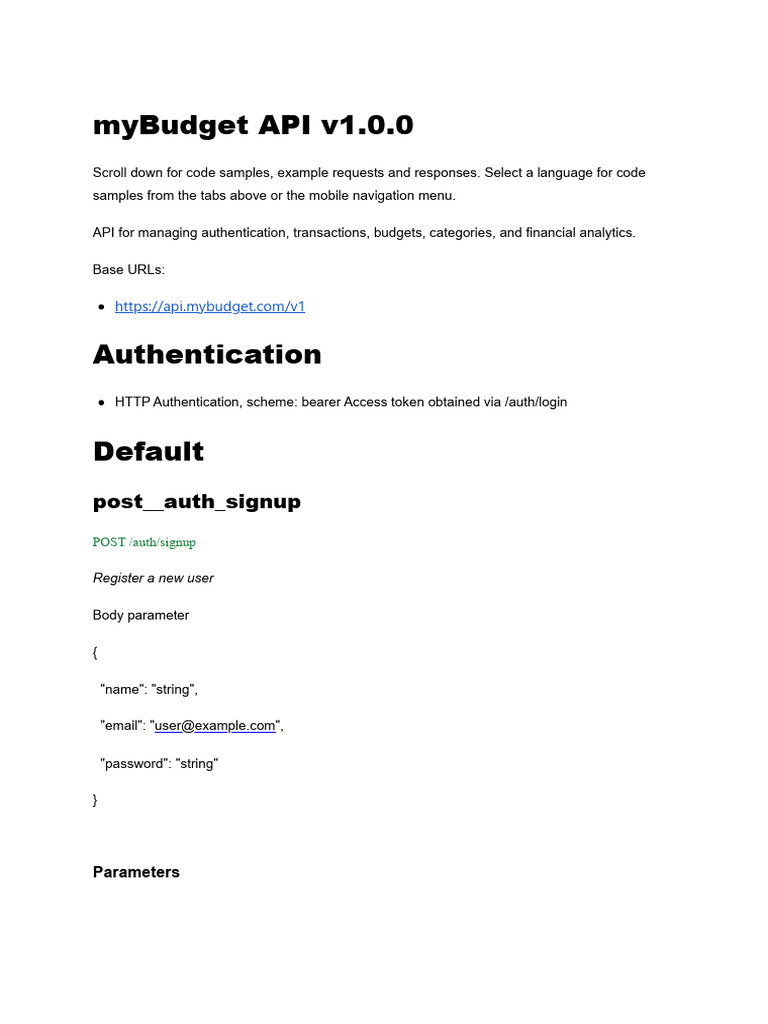 myBudget API Documentation v1.0.0 | PDF | Boolean Data Type | Computing