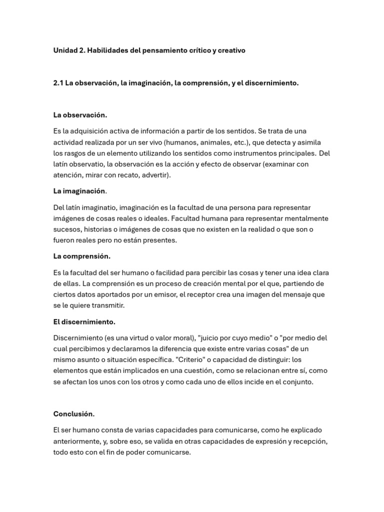 Habilidades de Pensamiento Crítico y Creativo | PDF | Observación ...
