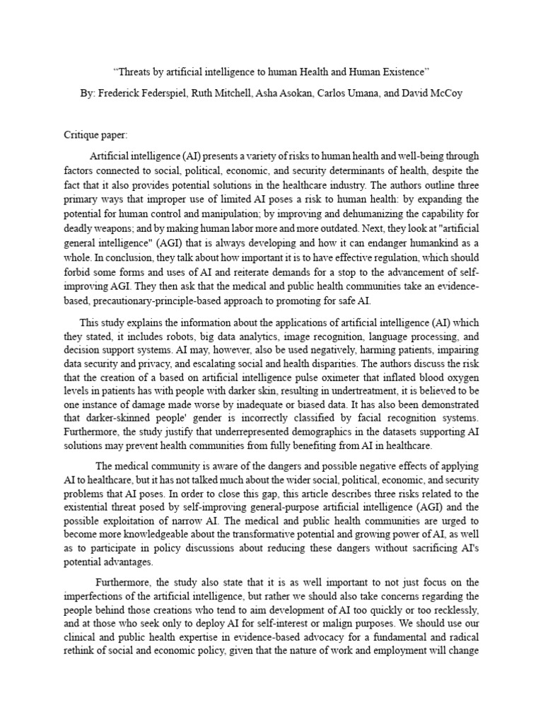 Threats by Artificial Intelligence To Human Health and Human Existence ...