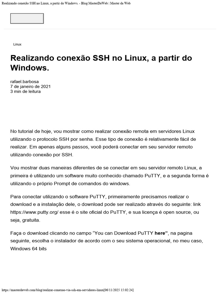Conexão SSH Linux via Windows: Guia Rápido | PDF | Cápsula segura | Linux