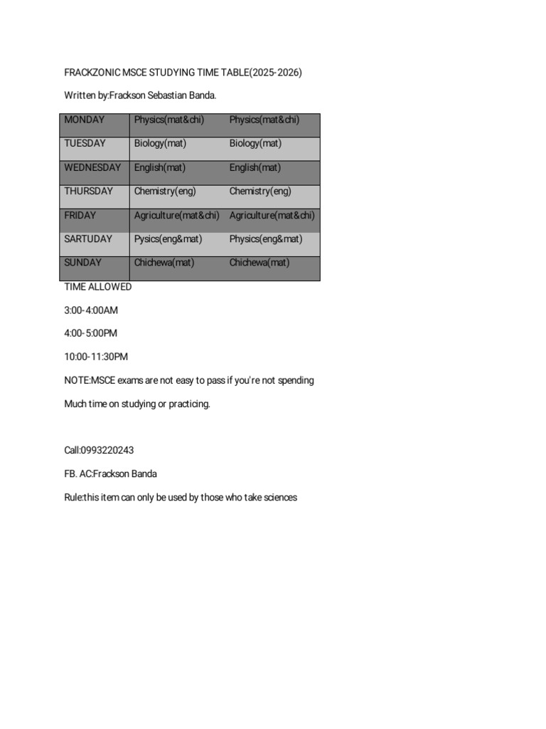 2025-2026 MSCE Study Timetable | PDF