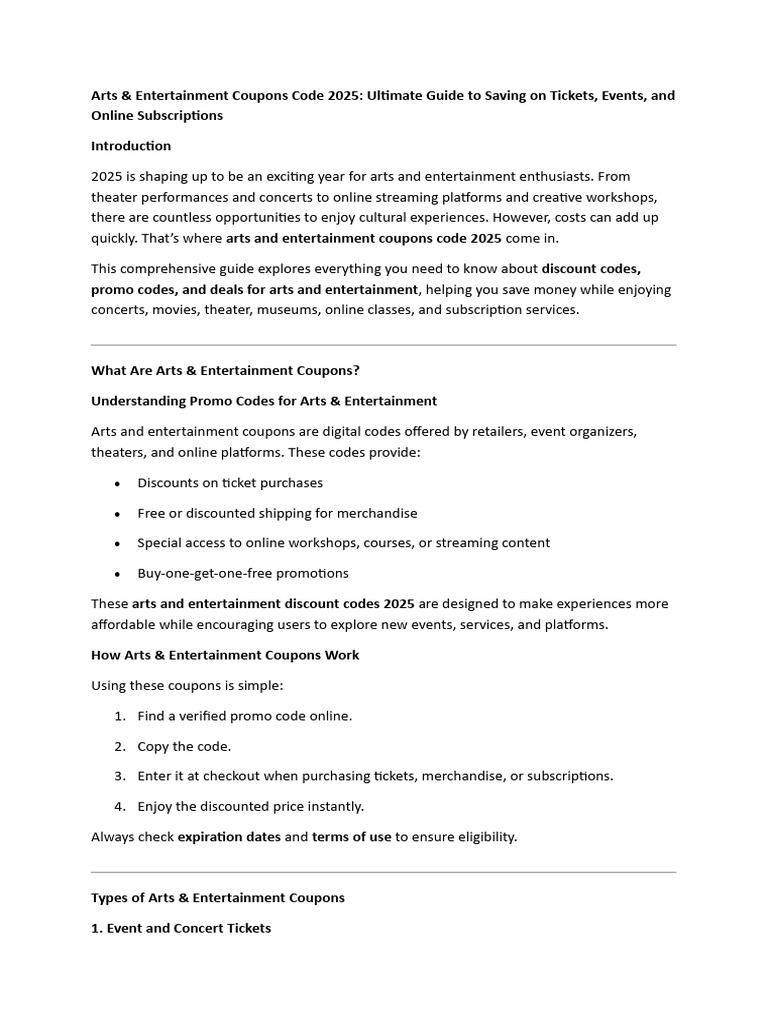 Arts and Entertainment Discount Offers and Promotions 2025 | PDF | Coupon