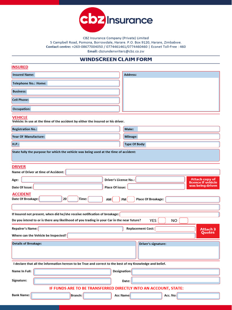 Windscreen Claim Form Template | PDF | Motor Vehicle | Road Transport