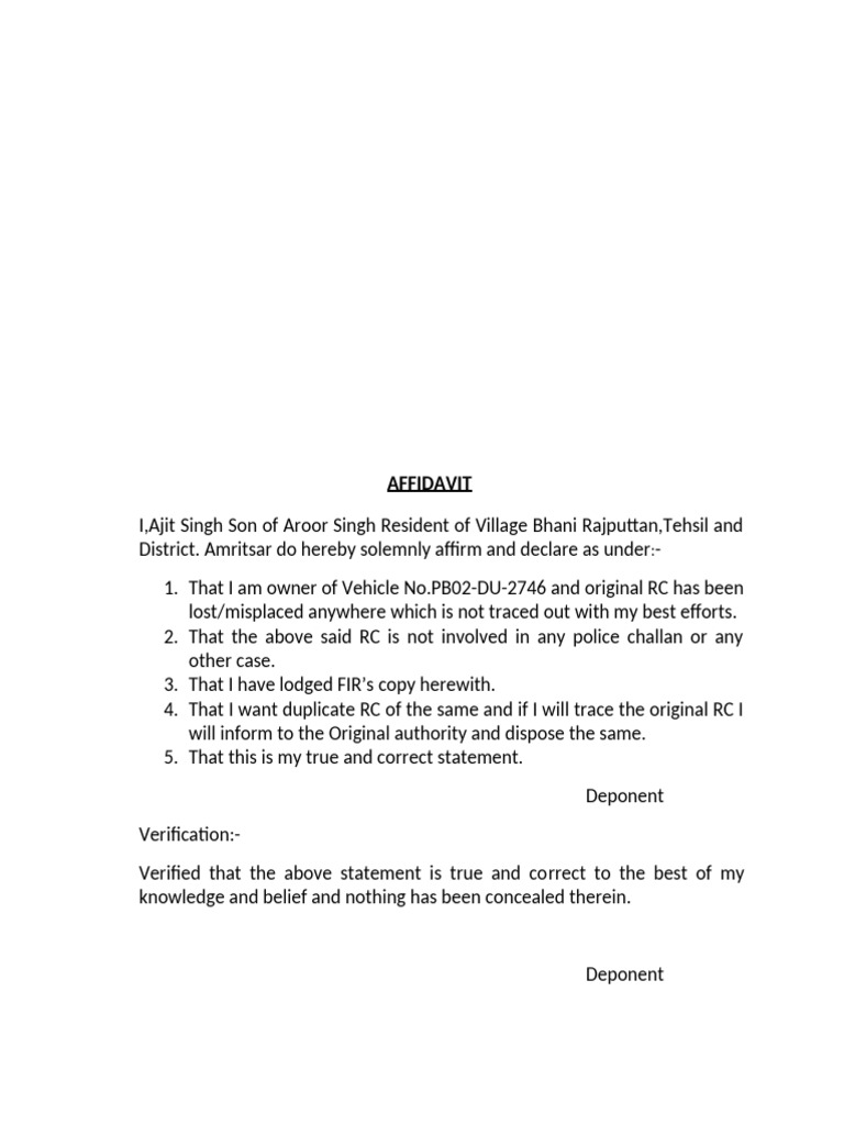 Affidavit of Duplicate RC | PDF