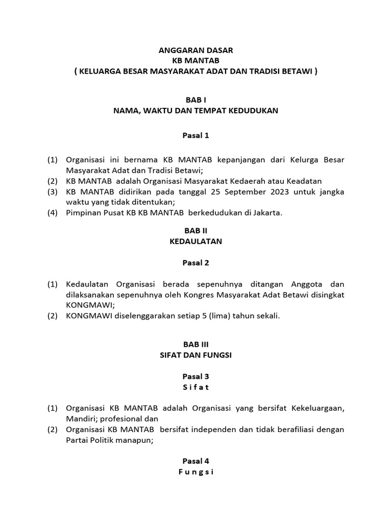 Anggaran Dasar KB MANTAB Betawi | PDF