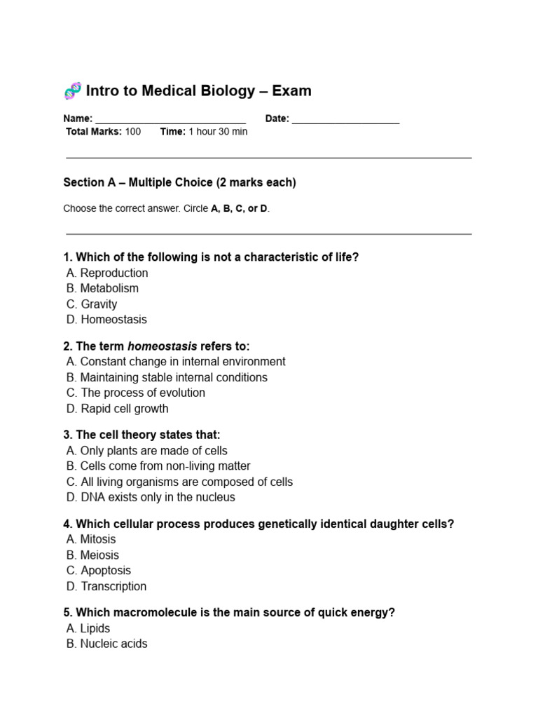 Medical Biology Exam Overview | PDF | Cell (Biology) | Dna