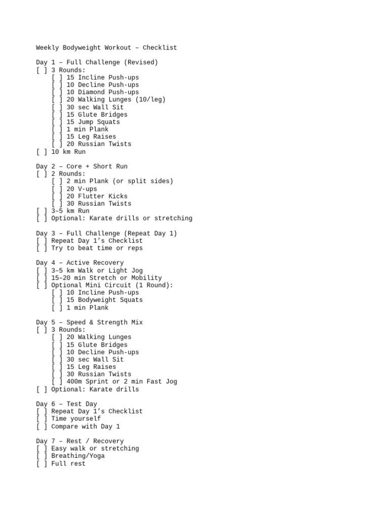 Weekly Bodyweight Workout Checklist | PDF