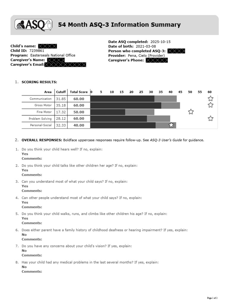 ASQ-3 English 54 Month Questionnaire Packet | PDF