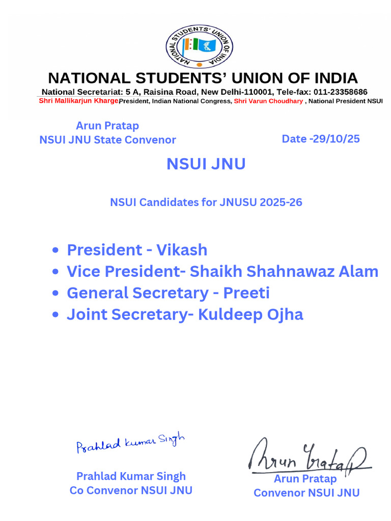 NSUI JNU Candidates for 2025-26 | PDF