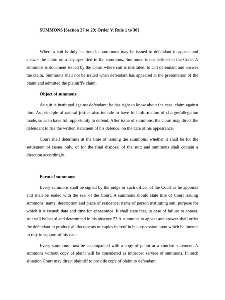 SUMMONS (Section 27 To 29 Order V. Rule 1 To 30) | PDF | Lawsuit | Summons