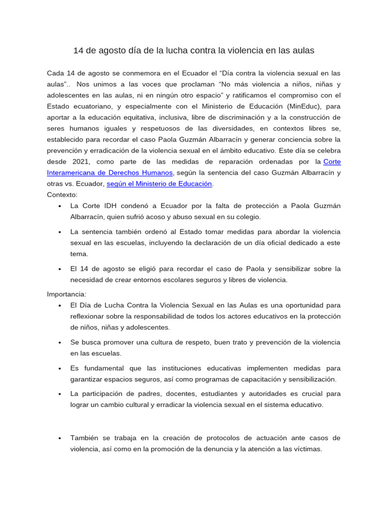14 de Agosto Día de La Lucha Contra La Violencia en Las Aulas | PDF ...